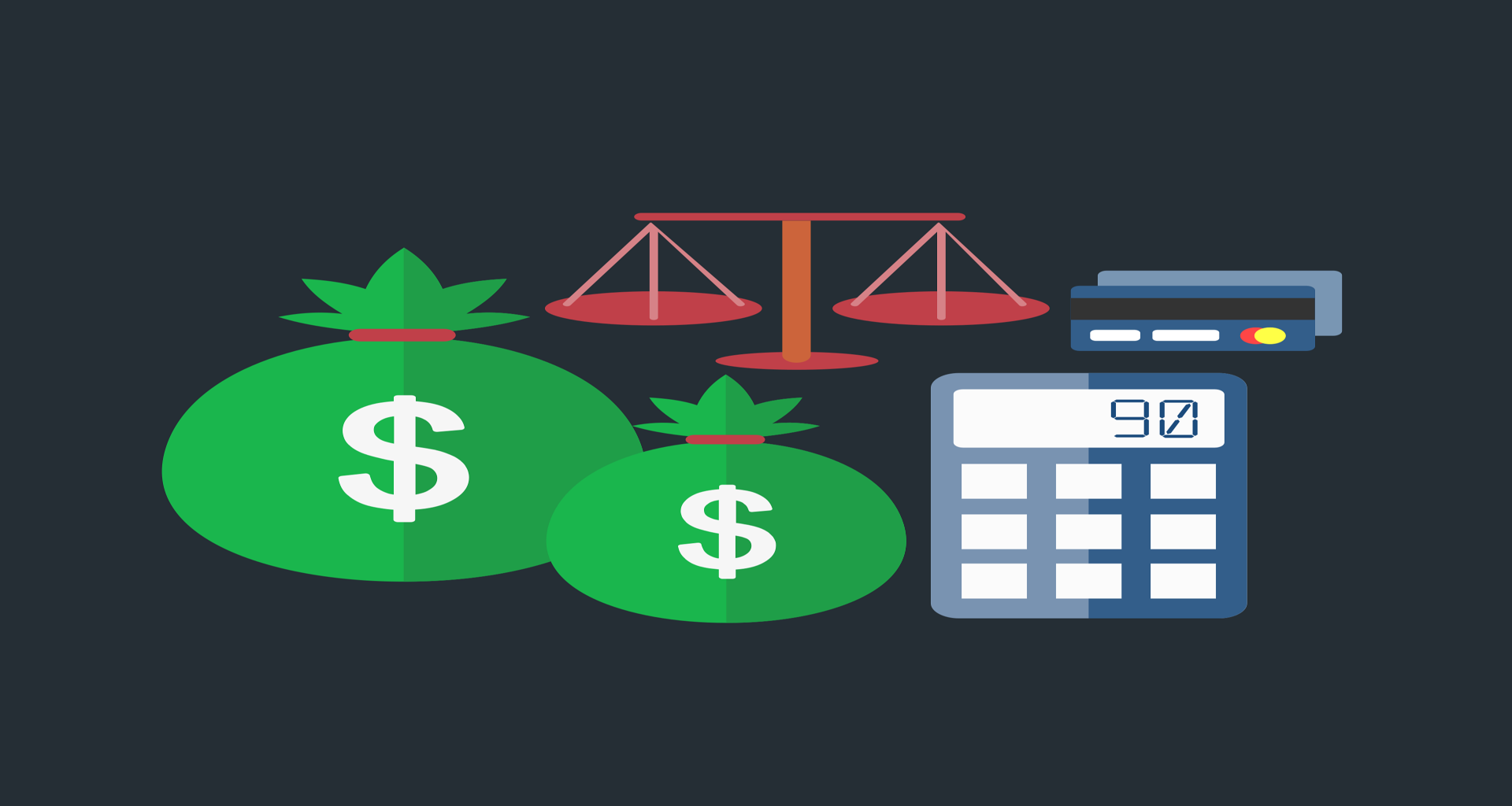 Dinheiro, balança, cartão e calculadora. Investir com sabedoria: Erros comuns dos iniciantes.